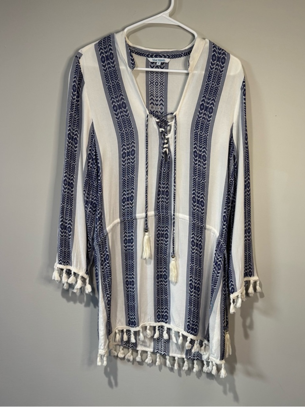 Blue Island Women's S Blue & White Swim Coverup Long Sleeve Tassels Boho Beach